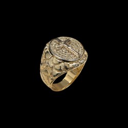 CHEVALIERE RONDE MOTIF CROIX CHRIST AVEC PIERRE OR 18K