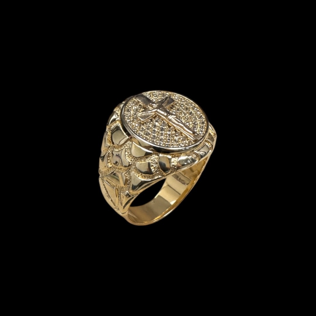 CHEVALIERE RONDE MOTIF CROIX CHRIST AVEC PIERRE OR 18K