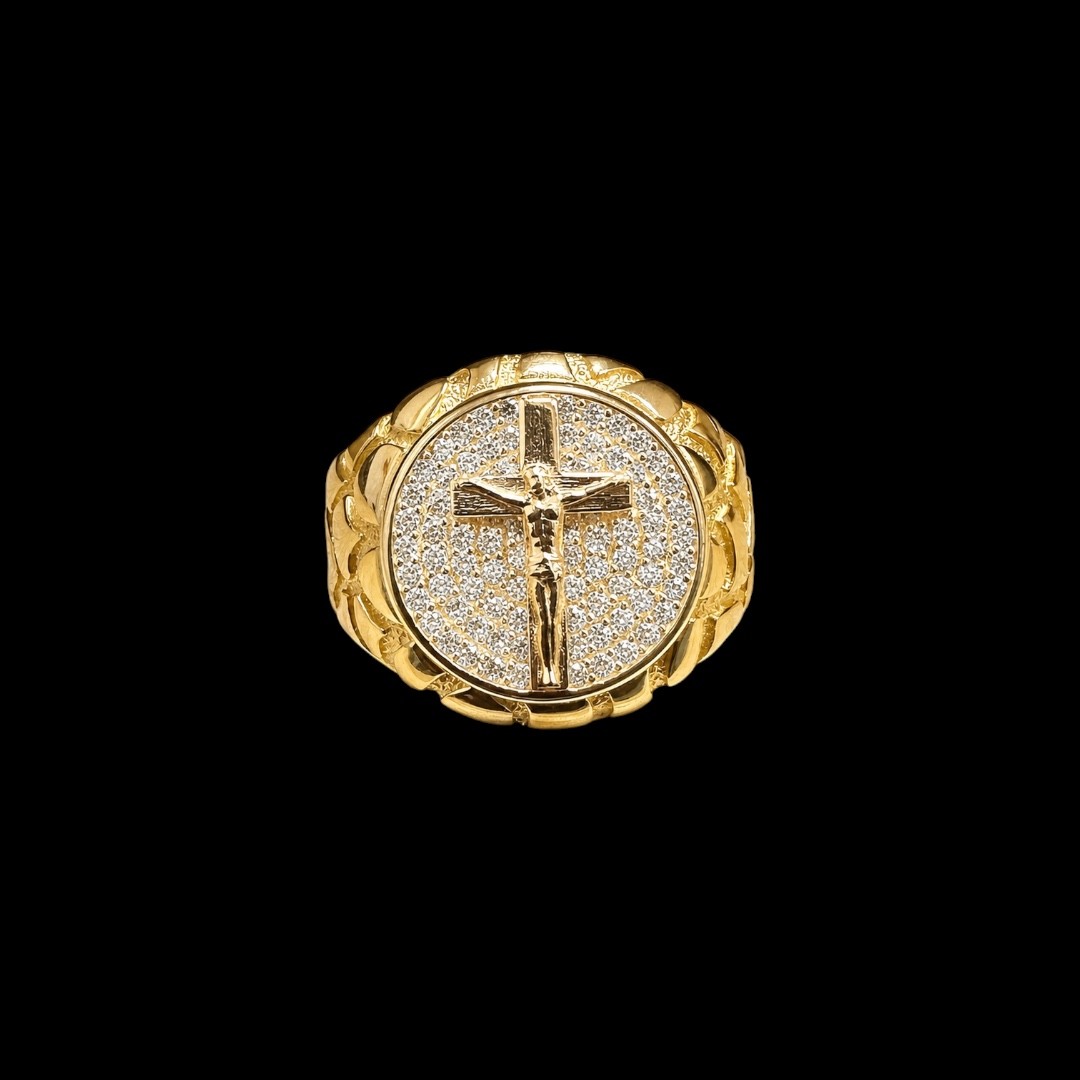 CHEVALIERE RONDE MOTIF CROIX CHRIST AVEC PIERRE OR 18K