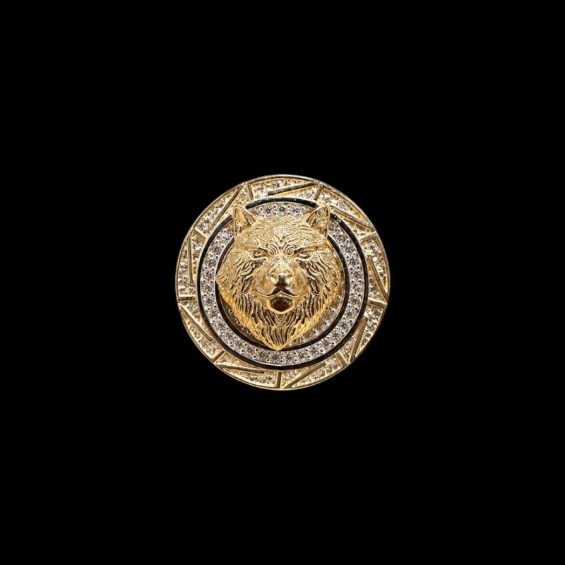 CHEVALIERE RONDE MOTIF TÊTE DE LOUP AVEC PIERRE OR 18K