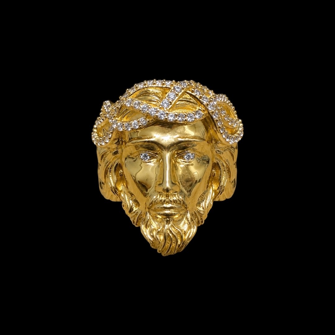 CHEVALIERE TÊTE DE JESUS AVEC PIERRE OR 18K