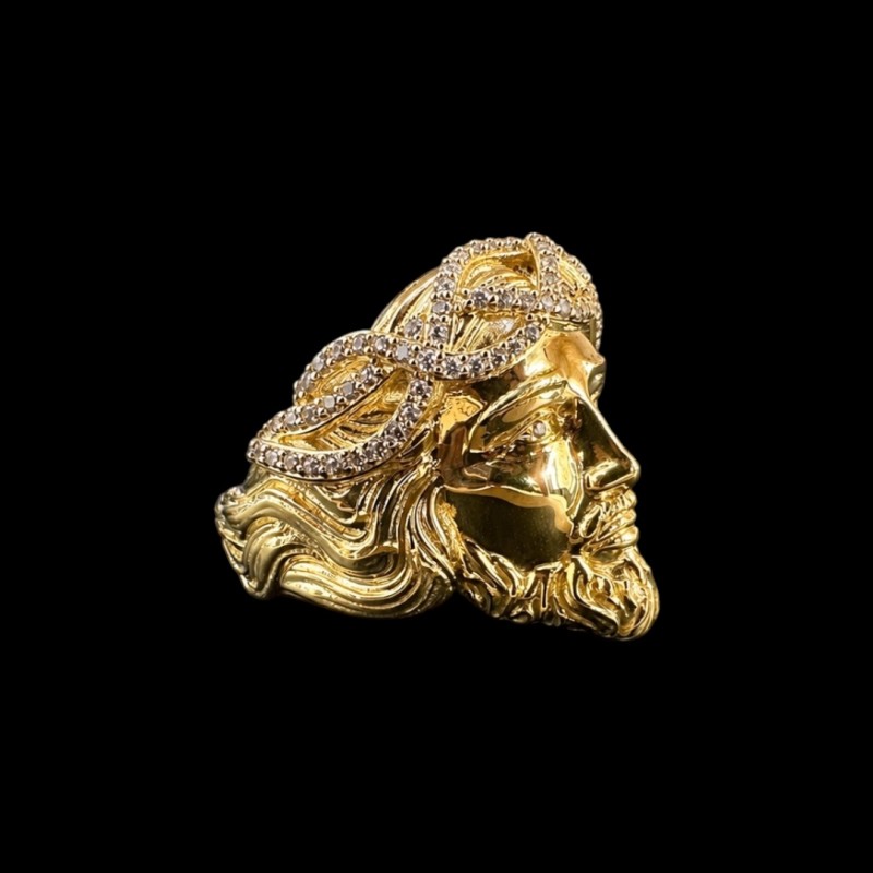 CHEVALIERE TÊTE DE JESUS AVEC PIERRE OR 18K